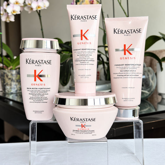 Fotografía real del pack Kérastase Genesis fortalecedor para cabello seco y debilitado, con cuatro productos.