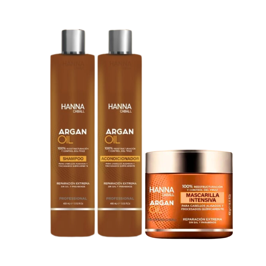 Pack Argan Oil Hanna Caball de shampoo, acondicionador y mascarilla para reparación extrema del cabello procesado.