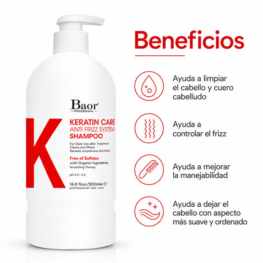 BAOR Shampoo Keratin Care 500 ml para cabello con frizz, rebelde o difícil de manejar