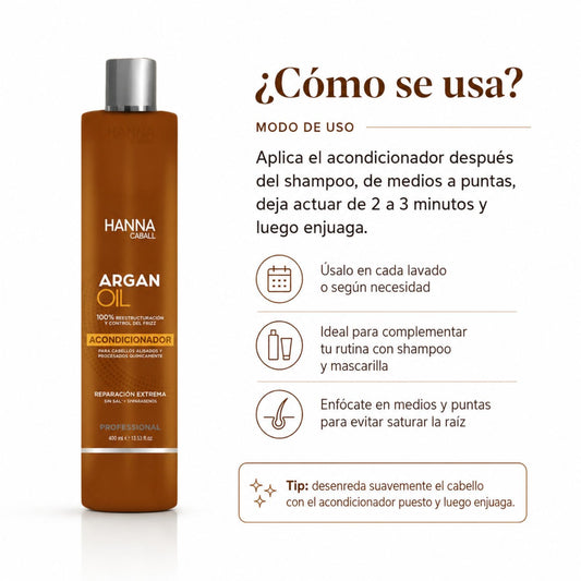Hanna Caball Acondicionador Argan Oil 400 ml para cabello seco, opaco o áspero