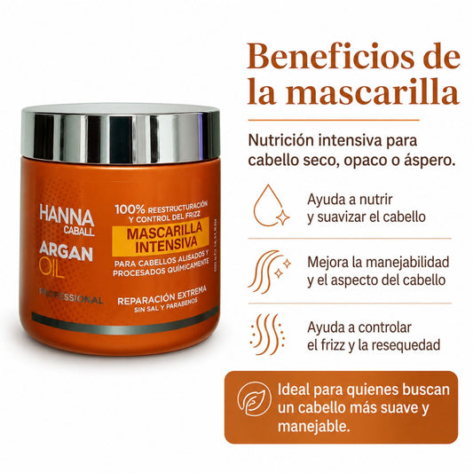Hanna Caball Mascarilla Argan Oil 400 ml para cabello seco, opaco o áspero