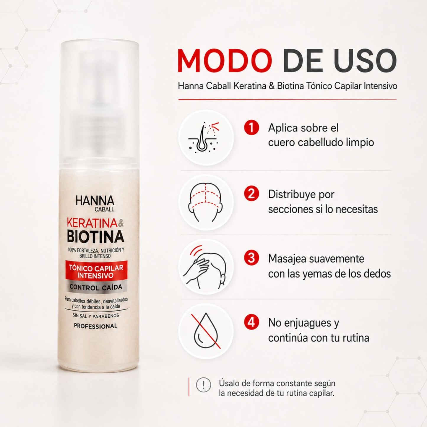 Hanna Caball Tónico capilar Keratina & Biotina anticaída 50 ml para cabello con frizz, rebelde o difícil de manejar