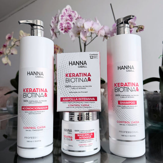 Pack Keratina & Biotina 4 Productos con Ampollas 1 L Hanna Caball, fotografía real del pack