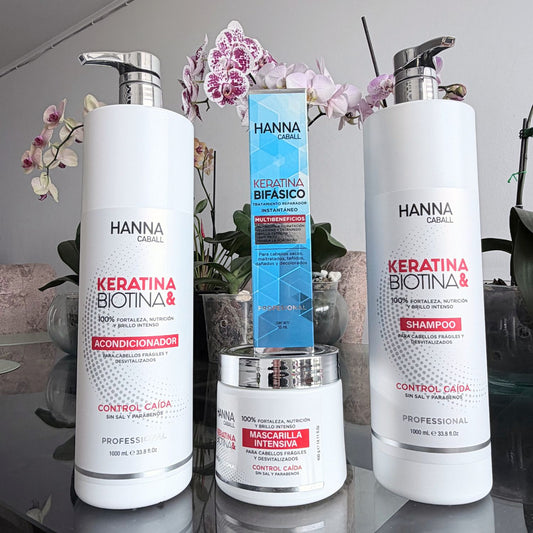 Pack Keratina & Biotina 4 Productos con Bifásico 1 L Hanna Caball, fotografía real del pack