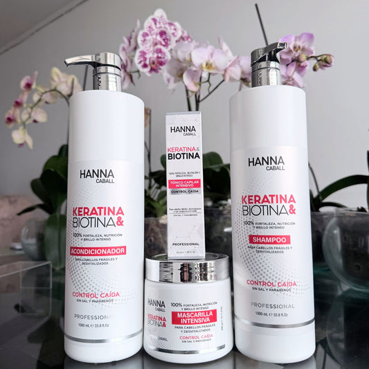 Pack Keratina & Biotina 4 Productos con Tónico 1 L Hanna Caball, fotografía real del pack