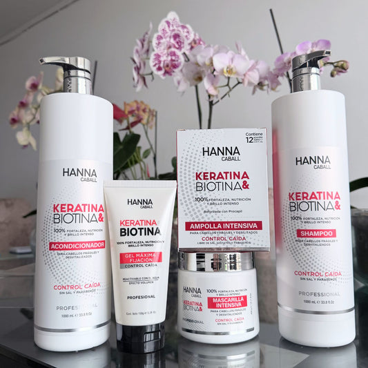 Pack Keratina & Biotina 5 Productos con Gel y Ampollas 1 L Hanna Caball, fotografía real del pack