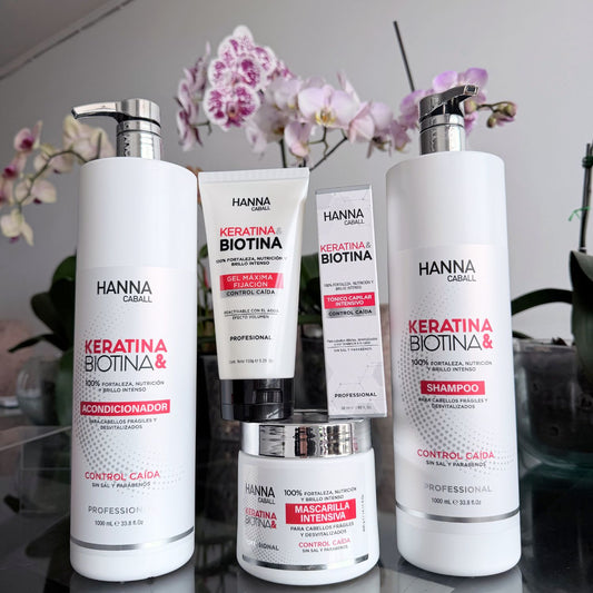 Pack Keratina & Biotina 5 Productos con Tónico y Gel 1 L Hanna Caball, fotografía real del pack