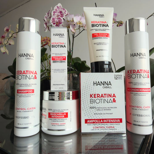 Fotografía del pack Keratina & Biotina Hanna Caball con shampoo y acondicionador de 400 ml, mascarilla, tónico, gel y ampollas.
