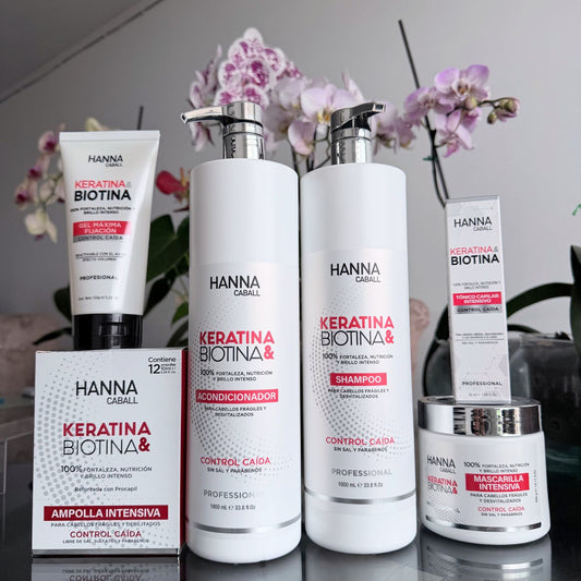 Pack Keratina & Biotina 6 Productos 1 L Hanna Caball, fotografía real del pack