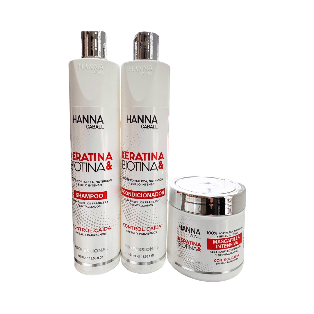 Pack Keratina y Biotina Hanna Caball 400 ml (Shampoo + Acondicionador + Mascarilla)
