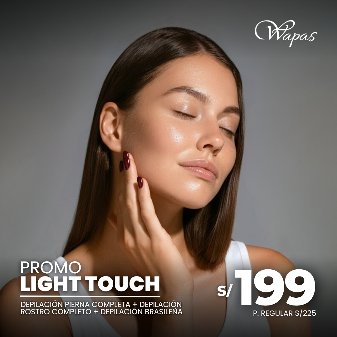 Mujer con piel suave después de depilación completa en Wapas GCC. Promo Light Touch: pierna completa, rostro y depilación brasilera.