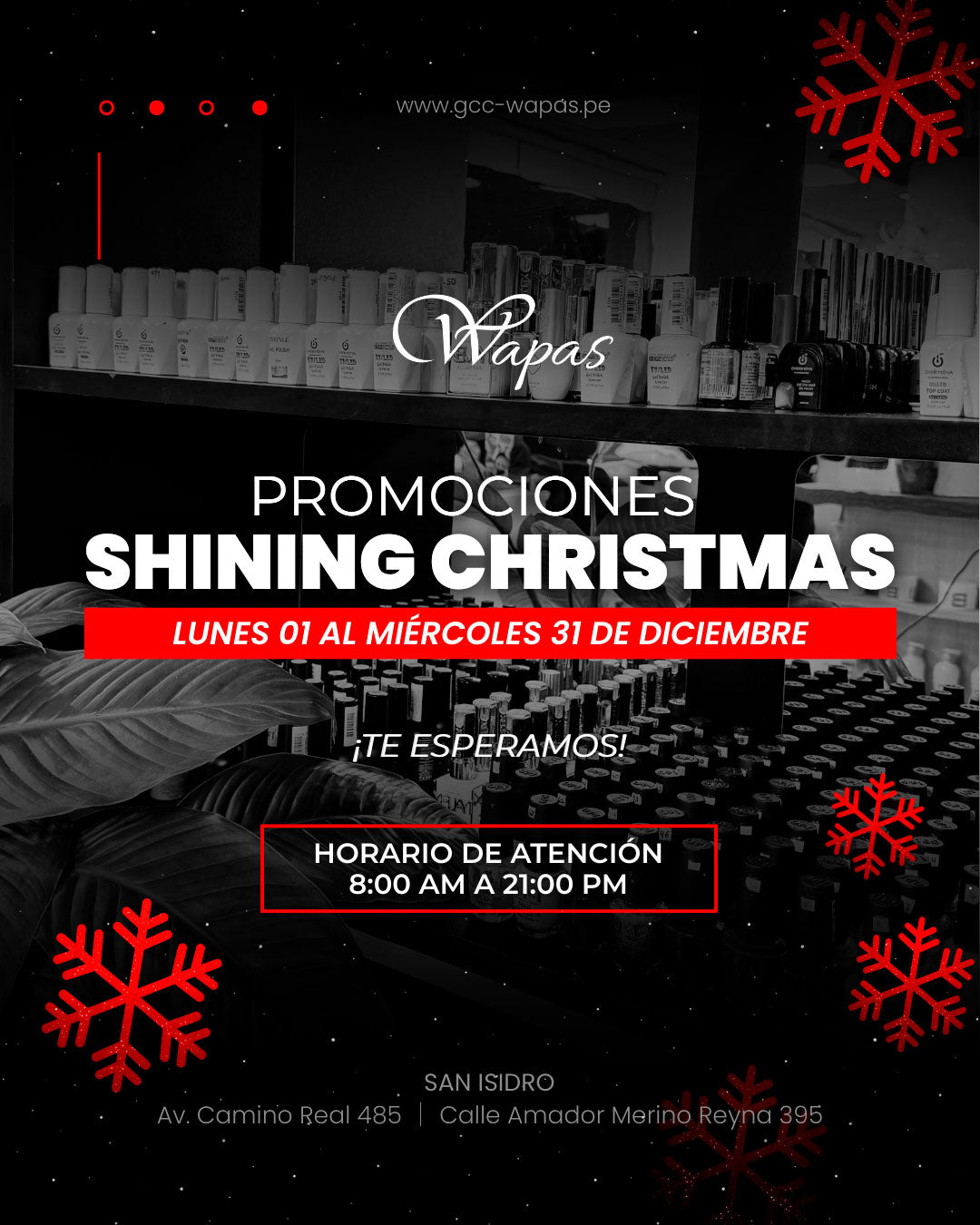 Banner promociones SHINING CHRISTMAS Wapas: ofertas de Navidad 2025 en salón de belleza en San Isidro, con horarios de atención y packs de servicios.
