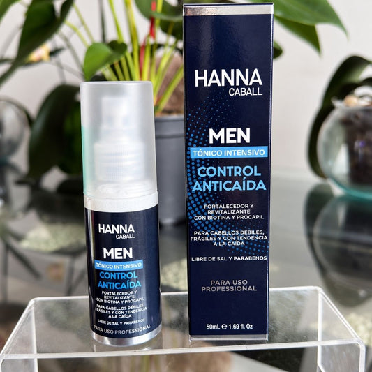 Tónico intensivo Men Control Anticaída de 50 ml Hanna Caball con envase y caja sobre fondo blanco
