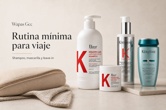 Cabello para viaje corto: rutina mínima de shampoo, mascarilla y leave-in