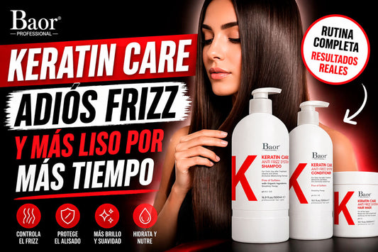 Portada promocional de BAOR Keratin Care con shampoo, acondicionador y mascarilla para cabello con frizz, alisado y mayor suavidad.