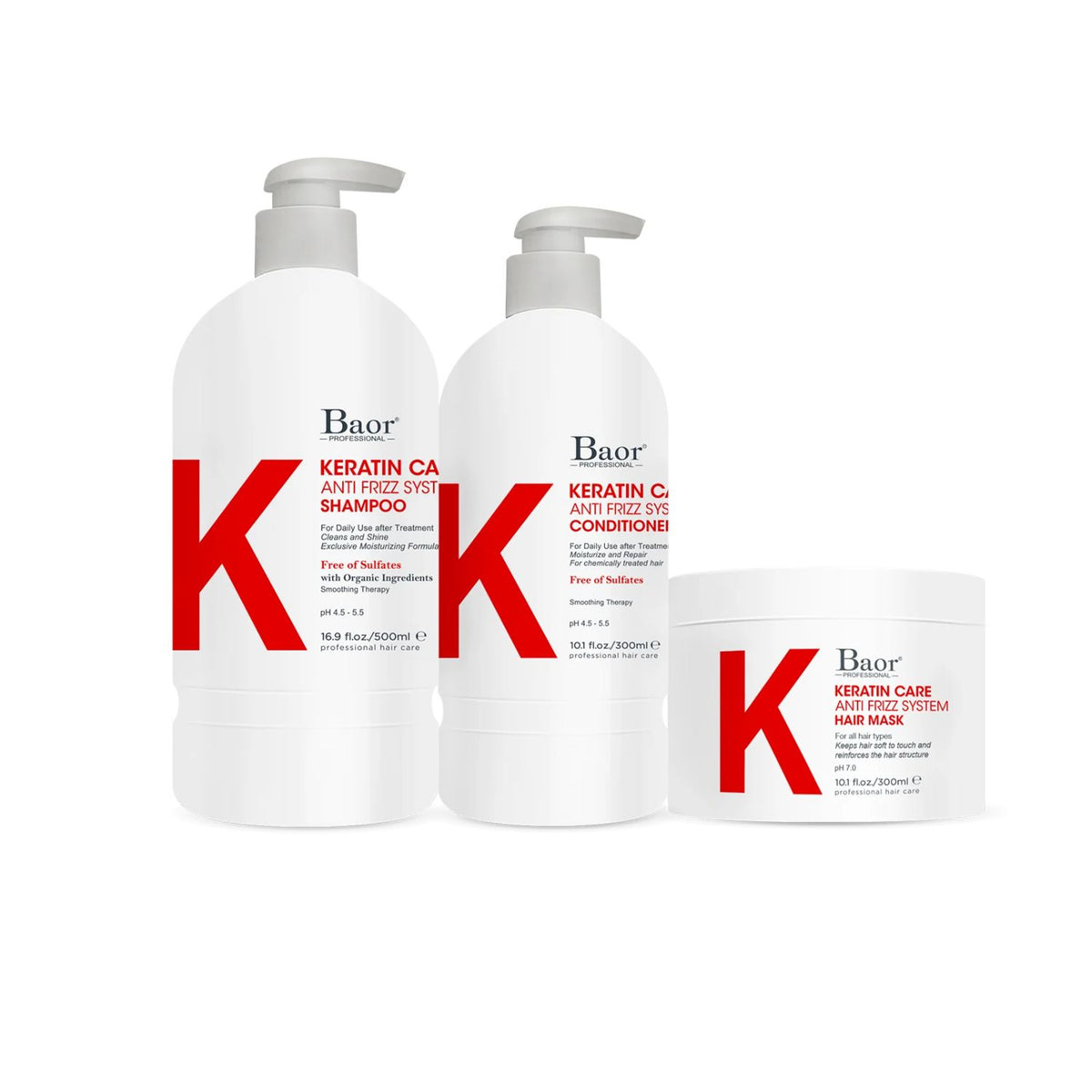 BAOR Pack Keratin Care: Shampoo 500 ml + Acondicionador 300 ml + Mascarilla 300 ml