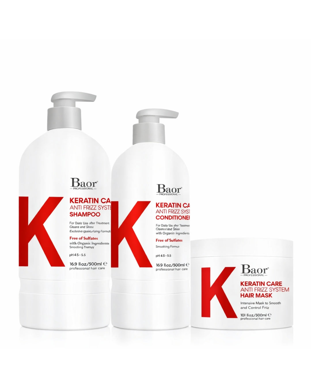 BAOR Pack Keratin Care: Shampoo 500 ml + Acondicionador 300 ml + Mascarilla 300 ml