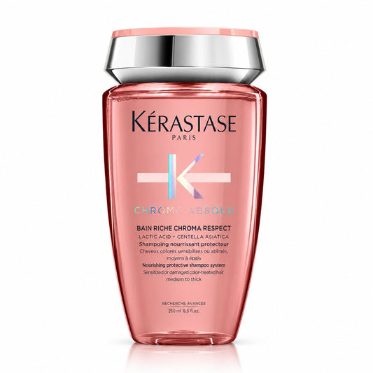 Kérastase Chroma Absolu Bain Riche Chroma Respect 250 ml, shampoo sin sulfatos para cabello teñido, frasco rosa.