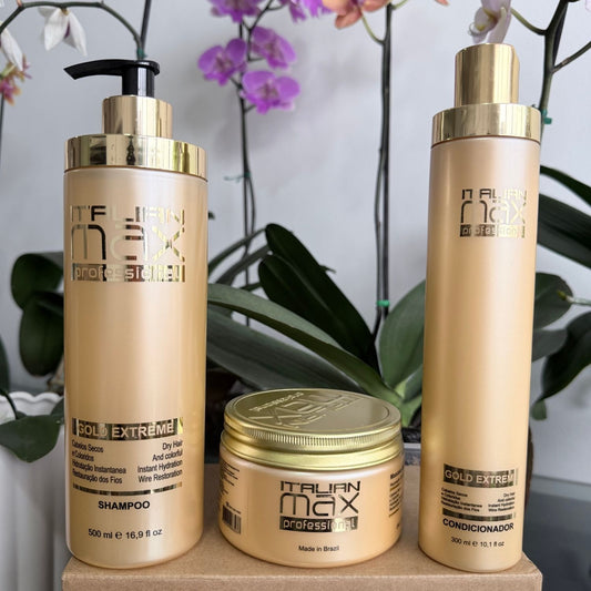 Pack = Shampoo + Acondicionador + Mascarilla Gold Extreme Italian Max