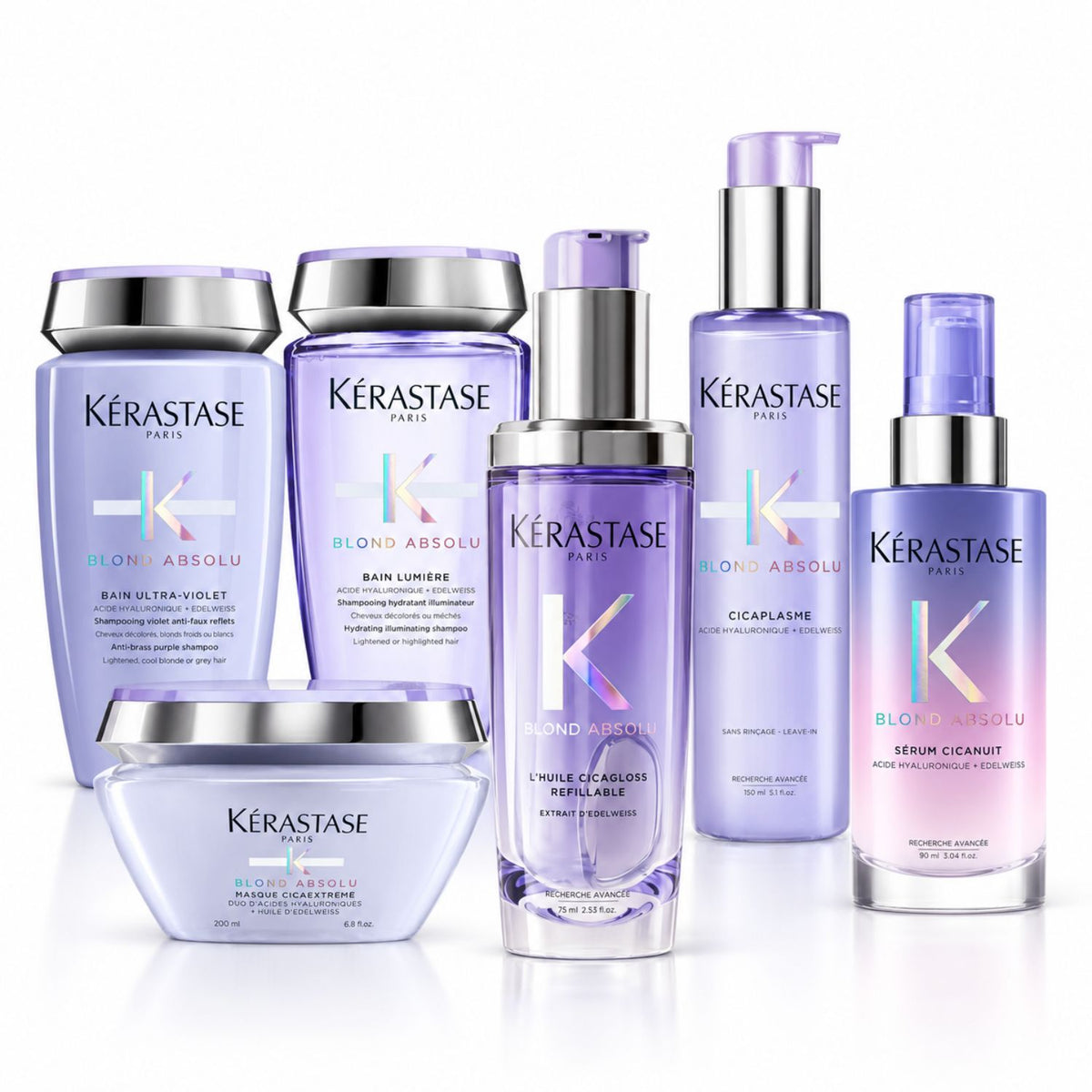 Pack Kérastase Blond Absolu con 6 productos para cabello rubio: champús, mascarilla, termoprotector, aceite y sérum nocturno.
 Copiar texto