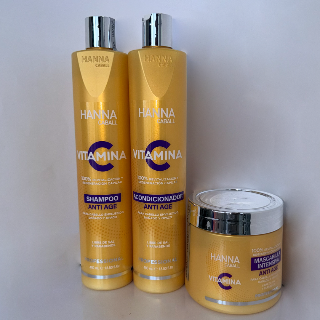 Pack Anti Age con Shampoo y Acondicionador de 400 ml más Mascarilla intensiva Vitamina C para revitalizar y regenerar el cabello.
