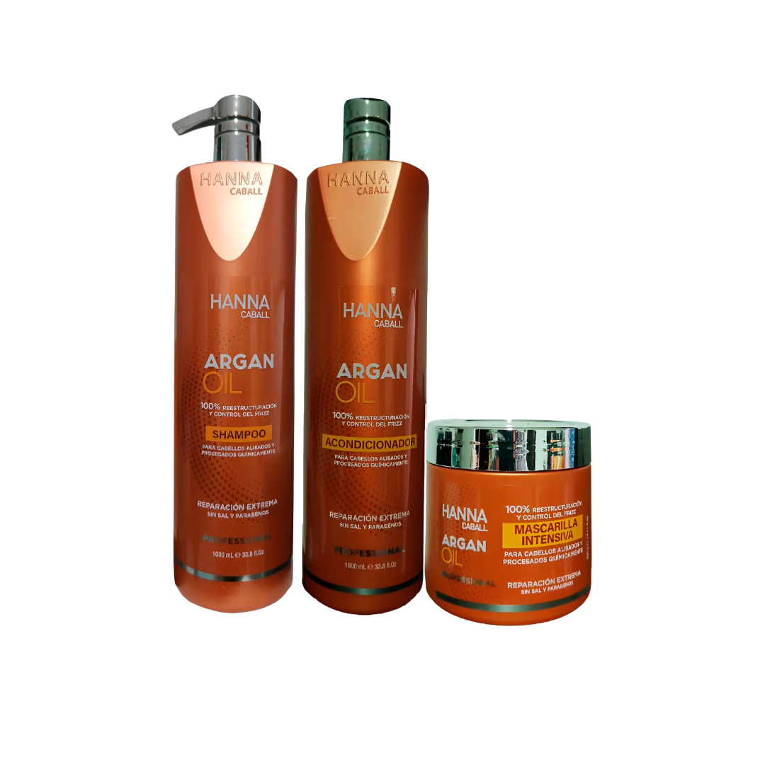 Pack Argan Oil Hanna Caball de shampoo, acondicionador y mascarilla para reparación extrema del cabello procesado.