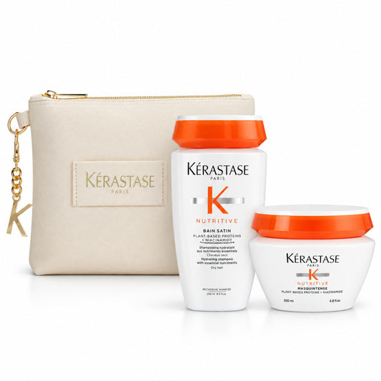 Pack Kérastase Nutritive con shampoo Bain Satin 250 ml, mascarilla Masquintense 200 ml y neceser beige.
