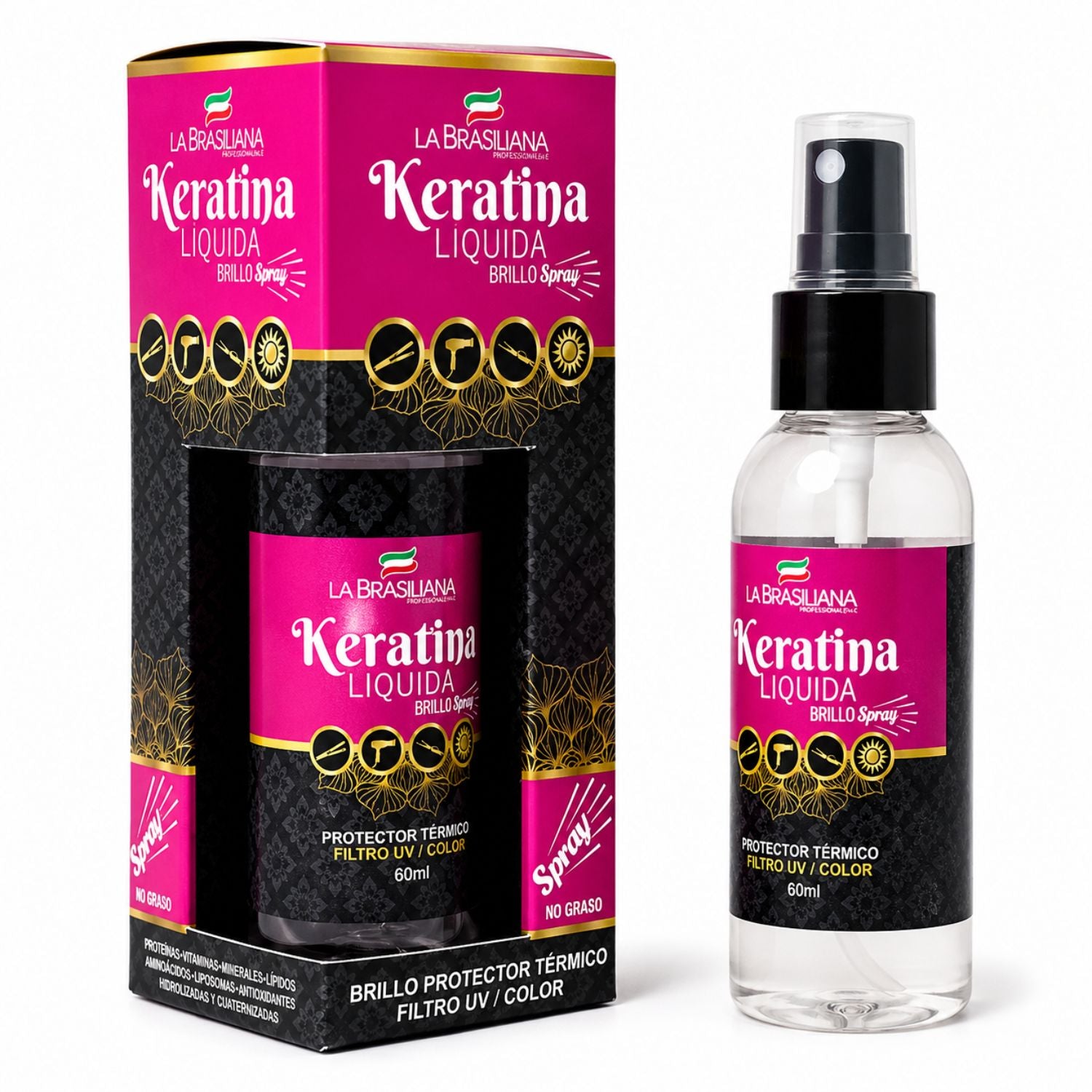 La Brasiliana Pack Post Química Express 3 Pasos incluye Protector Térmico Keratina Líquida 60ml Filtro UV - Reparación, sellado y protección en pocos pasos