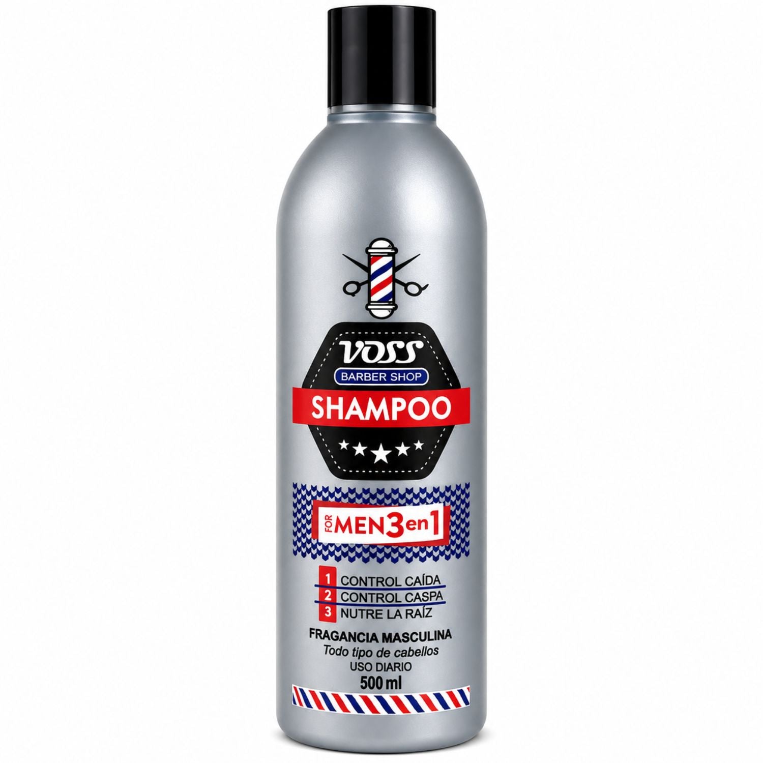 Voss Barber Shop Pack Hombre Control Caída 3 Pasos incluye Shampoo For Men 3 en 1 500g Anticaída - Limpieza, suavidad y apoyo al control de caída