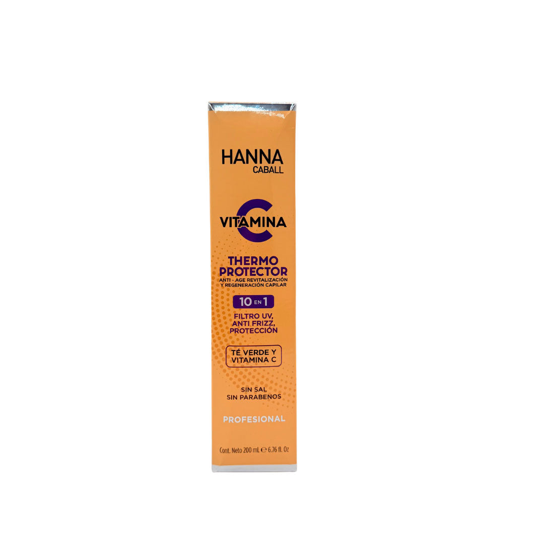 Empaque frontal del thermoprotector Hanna Caball Vitamina C 10 en 1 con filtro UV, control de frizz y protección térmica para el cabello