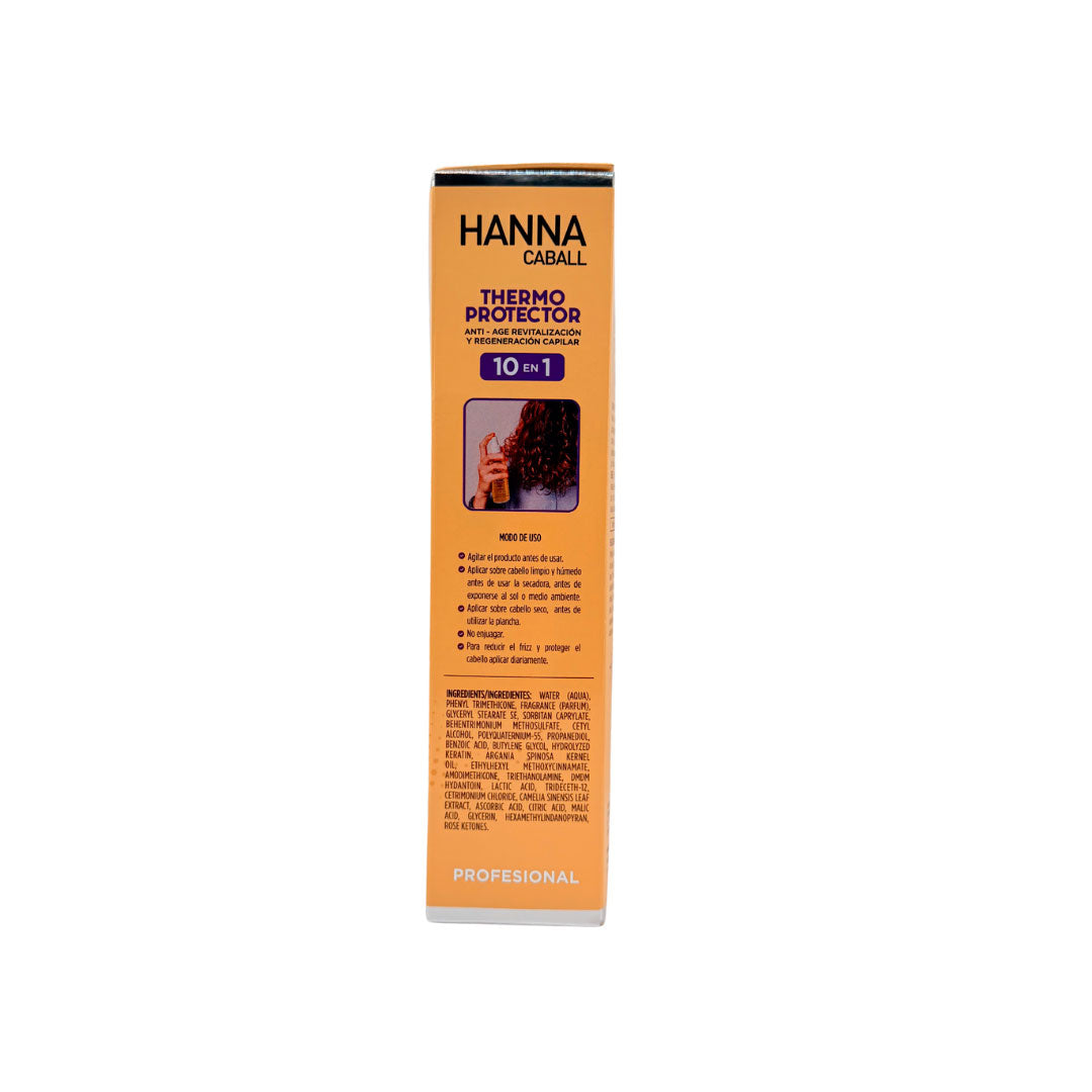 Lateral del empaque del thermoprotector Hanna Caball Vitamina C 10 en 1 con instrucciones de uso y beneficios del protector térmico capilar profesional