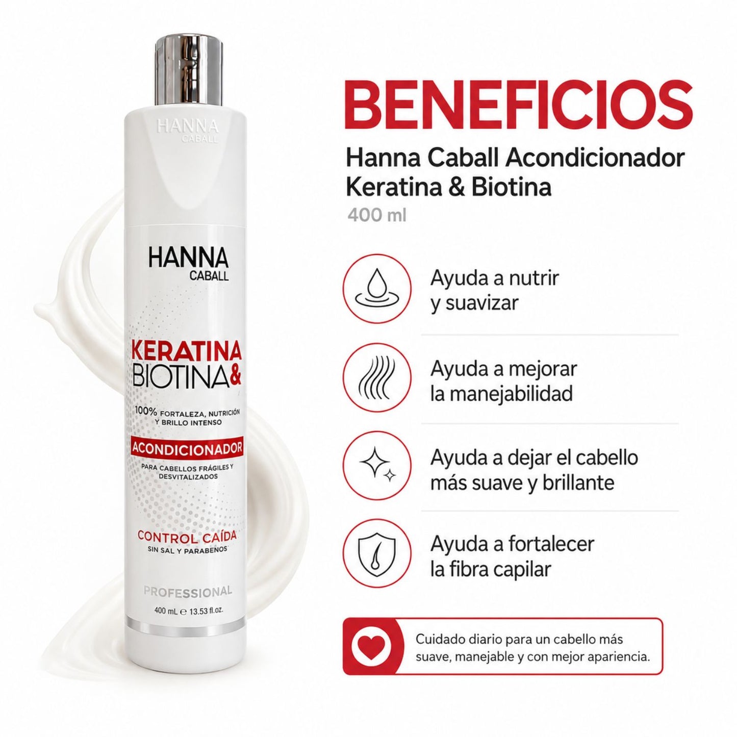 Hanna Caball Acondicionador Keratina & Biotina 400 ml para cabello con frizz, rebelde o difícil de manejar