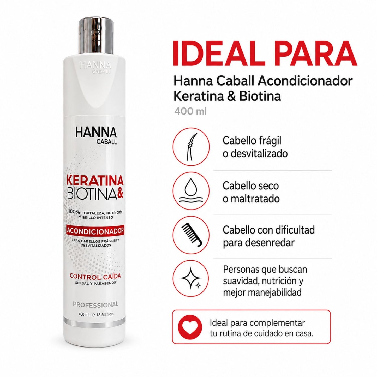 Hanna Caball Acondicionador Keratina & Biotina 400 ml para cabello con frizz, rebelde o difícil de manejar