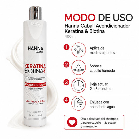 Hanna Caball Acondicionador Keratina & Biotina 400 ml para cabello con frizz, rebelde o difícil de manejar