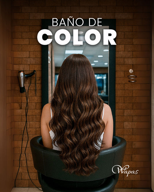 Baño de color en cabello largo con ondas en Wapas GCC, salón de belleza en San Isidro Lima Perú.