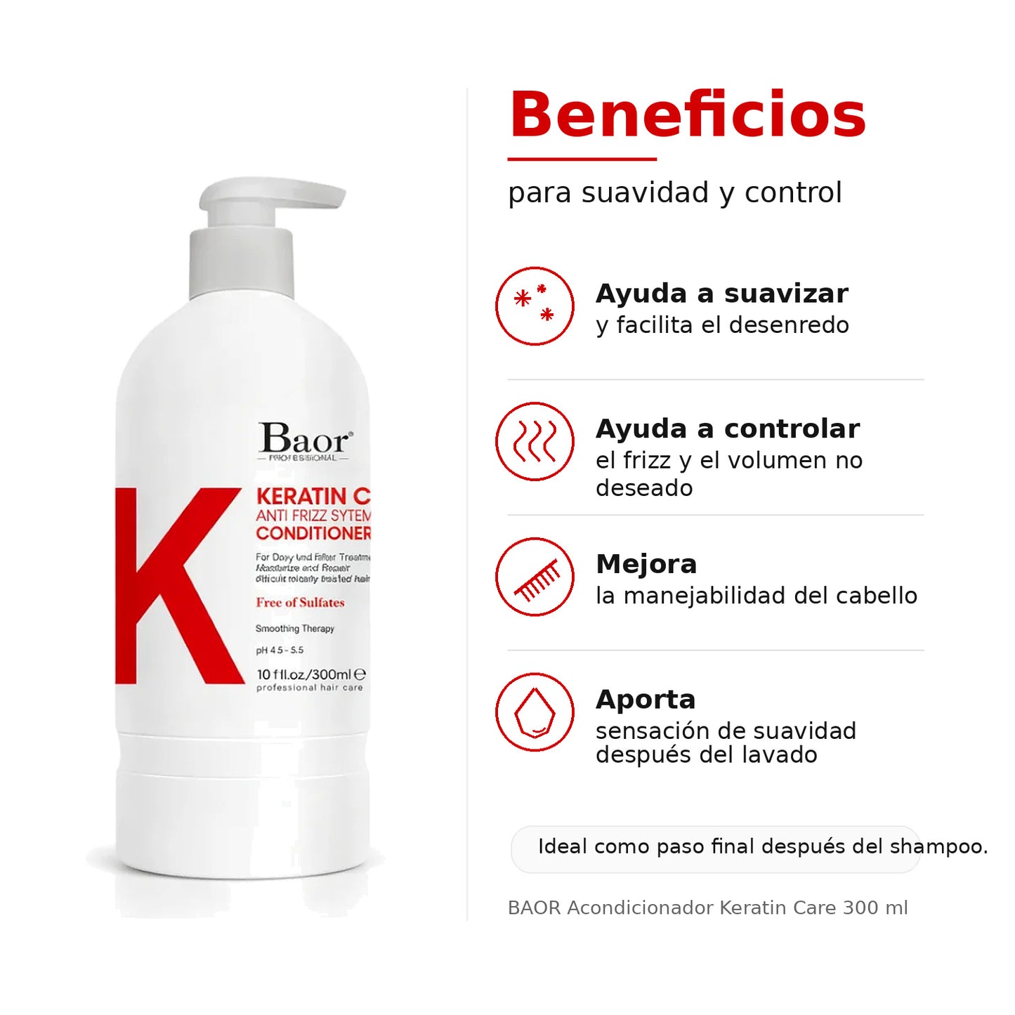 BAOR Acondicionador Keratin Care 300 ml para cabello con frizz, rebelde o difícil de manejar