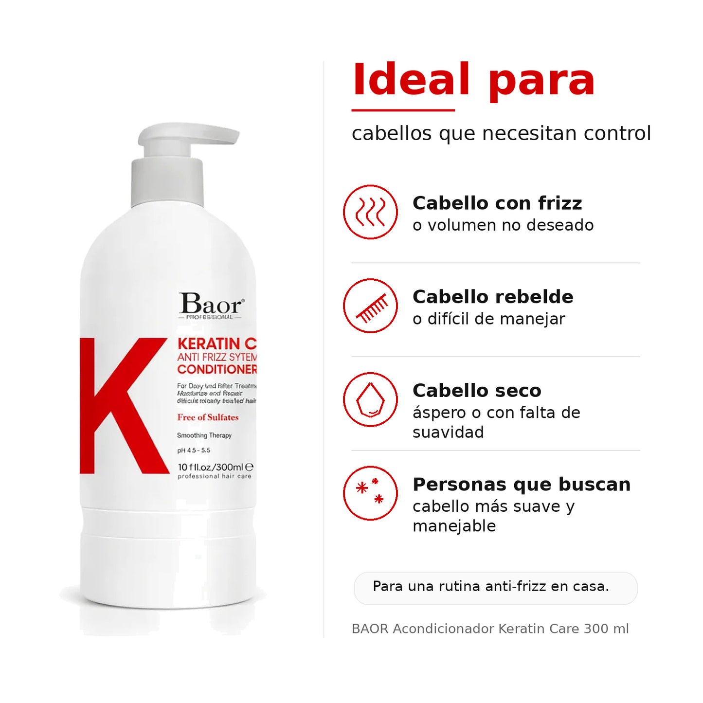 BAOR Acondicionador Keratin Care 300 ml para cabello con frizz, rebelde o difícil de manejar