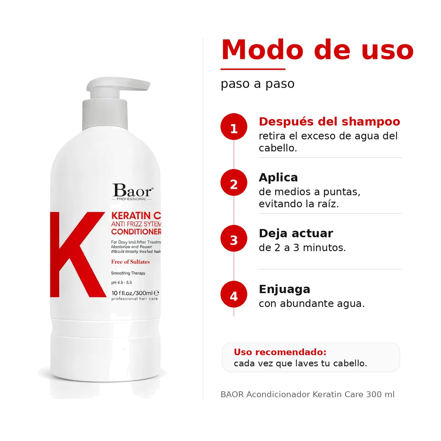BAOR Acondicionador Keratin Care 300 ml para cabello con frizz, rebelde o difícil de manejar