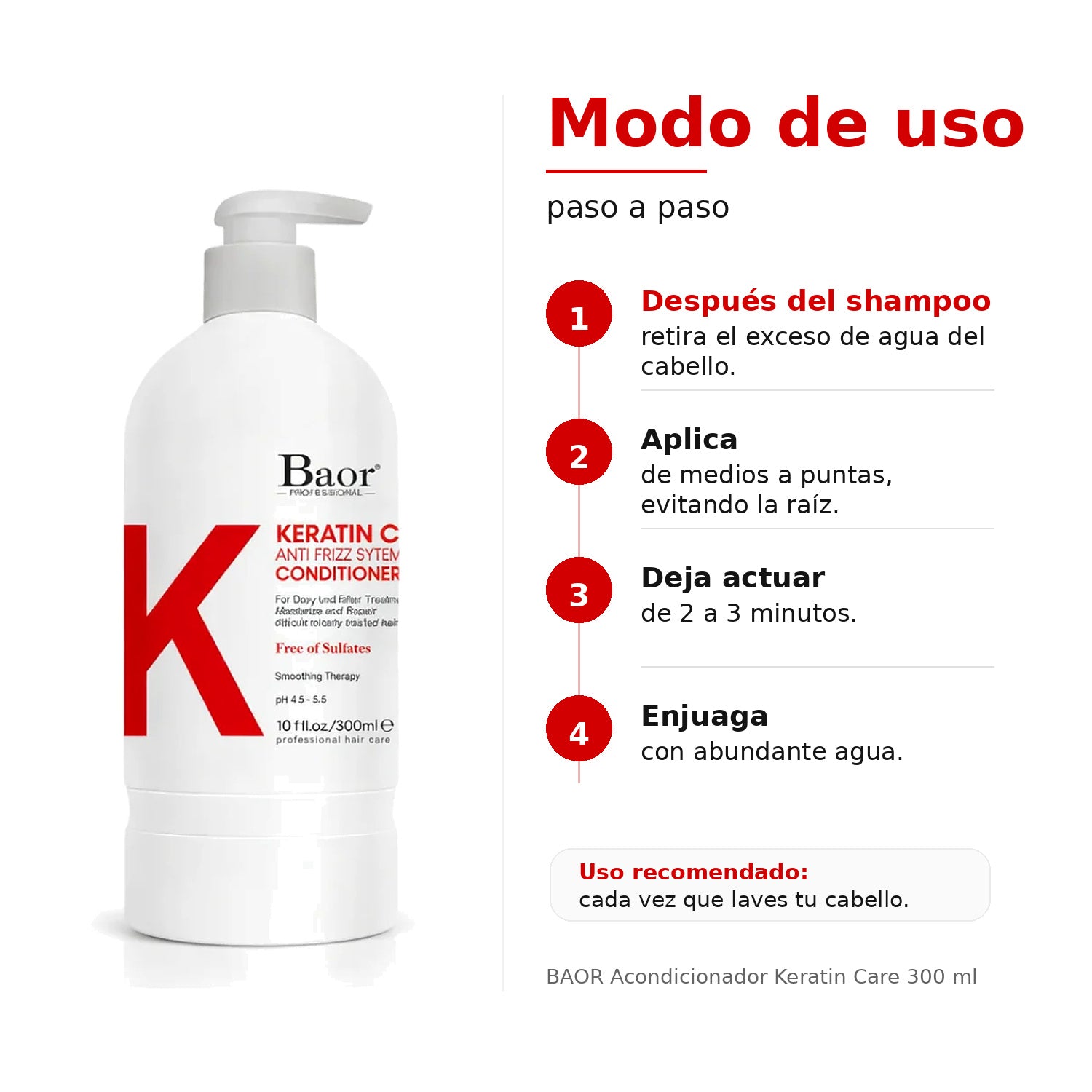BAOR Acondicionador Keratin Care 300 ml para cabello con frizz, rebelde o difícil de manejar