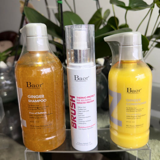 Foto real en Wapas del pack BAOR Ginger con shampoo y acondicionador y Brush Thermo Protect.