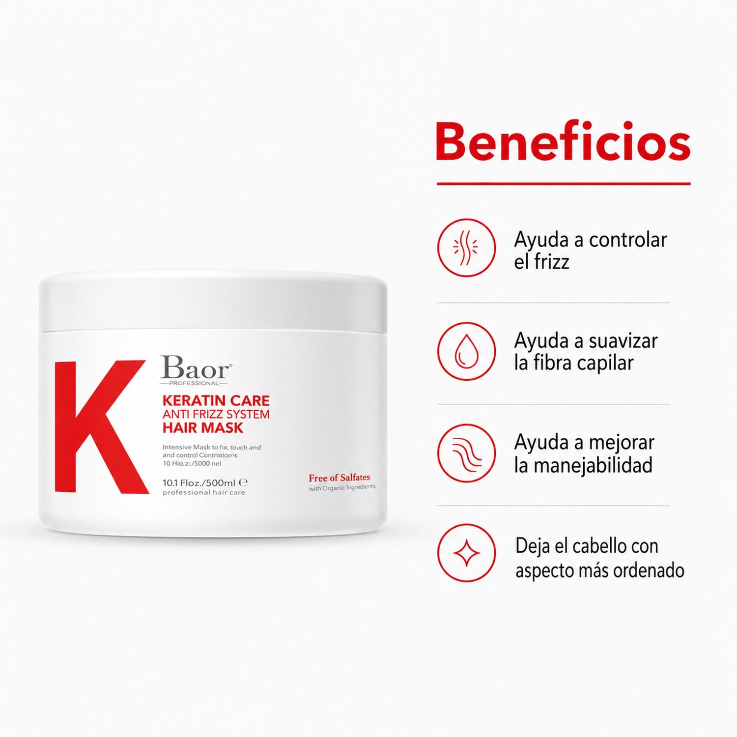 BAOR Mascarilla Keratin Care 300 ml para cabello con frizz, rebelde o difícil de manejar