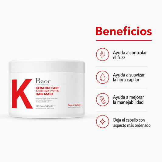 BAOR Mascarilla Keratin Care 300 ml para cabello con frizz, rebelde o difícil de manejar