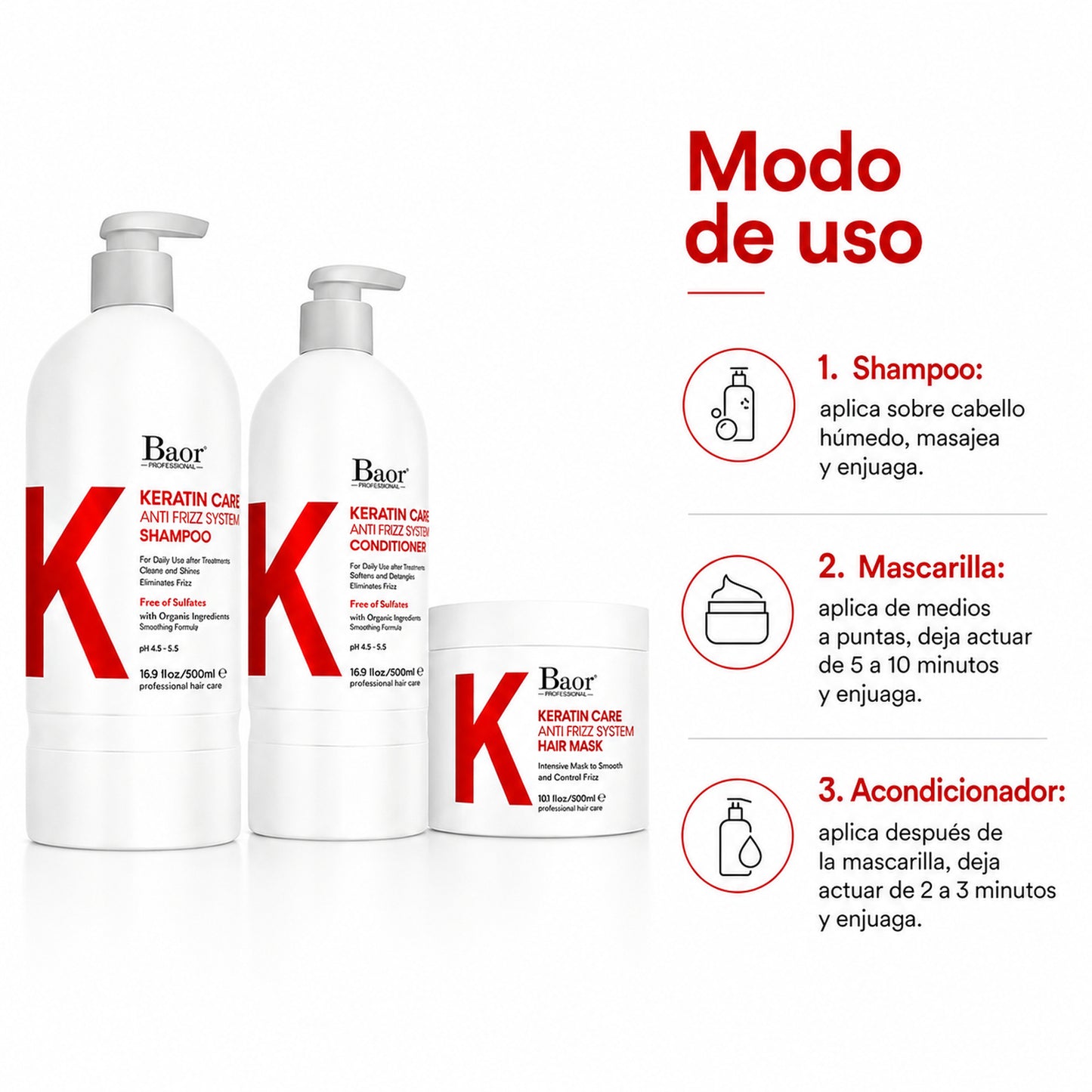 BAOR Pack Keratin Care Shampoo + Acondicionador + Mascarilla