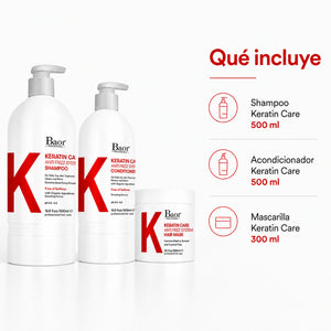 BAOR Pack Keratin Care: Shampoo 500 ml + Acondicionador 300 ml + Mascarilla 300 ml