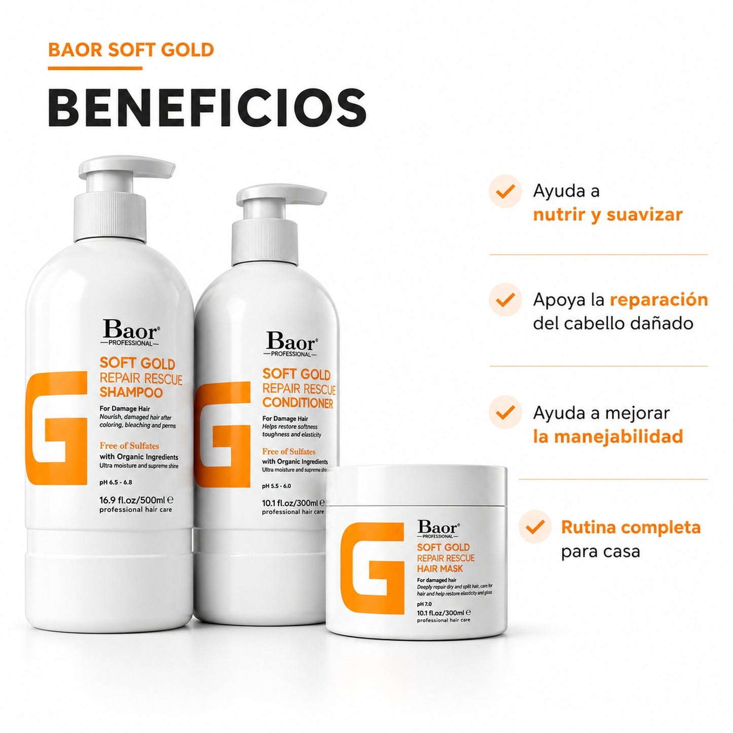 BAOR Pack Soft Gold Shampoo + Acondicionador + Mascarilla