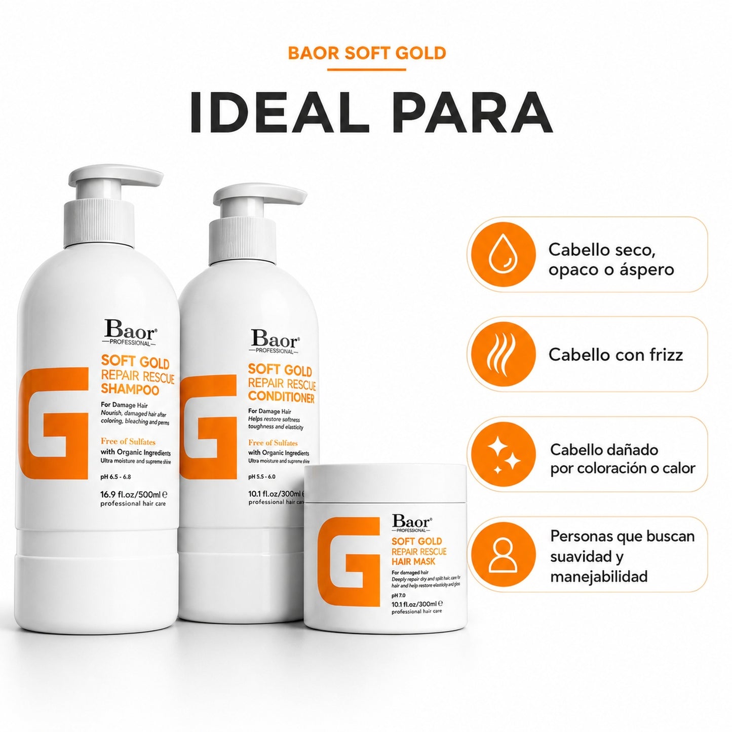 BAOR Pack Soft Gold Shampoo + Acondicionador + Mascarilla