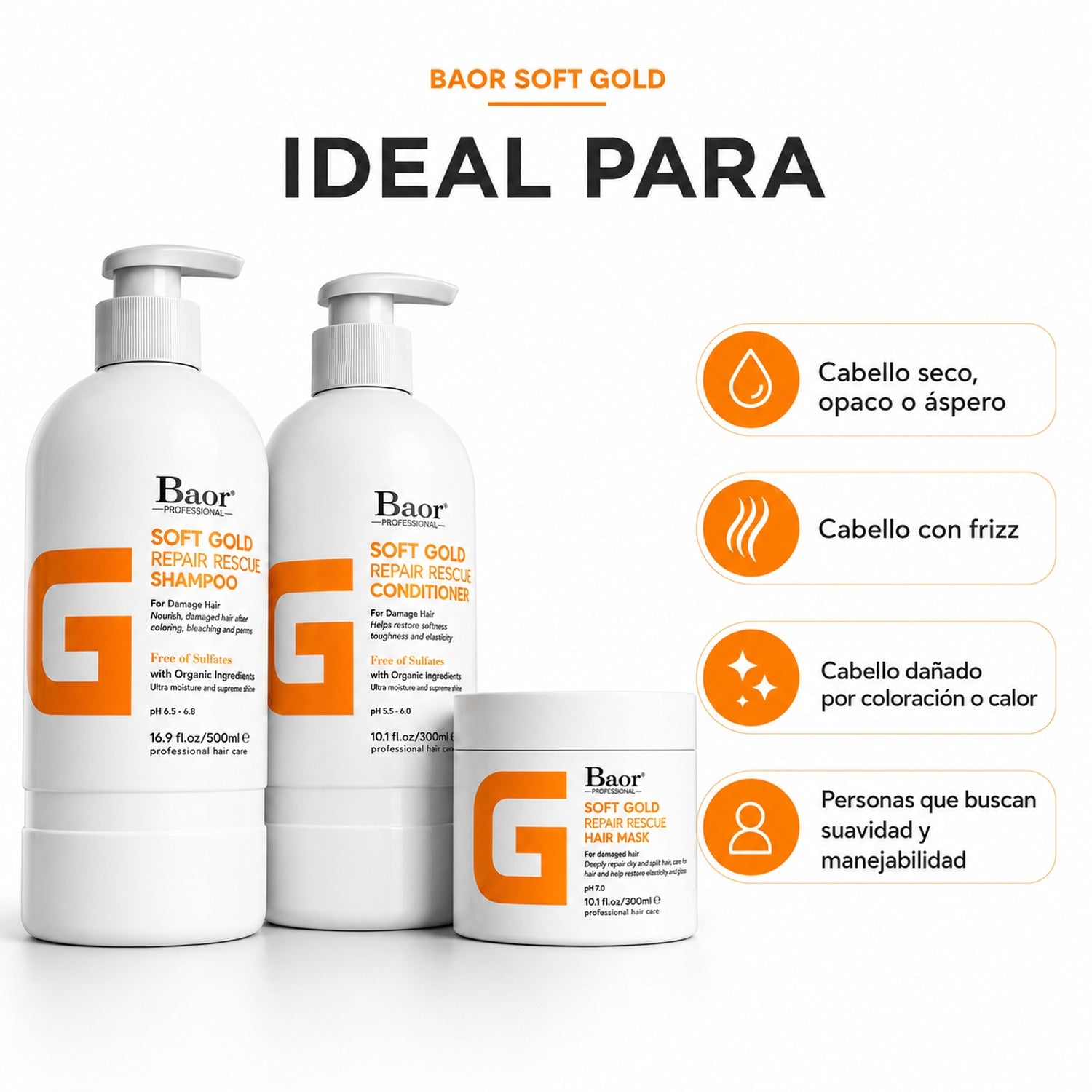 BAOR Pack Soft Gold: Shampoo 500 ml + Acondicionador 300 ml + Mascarilla 300 ml