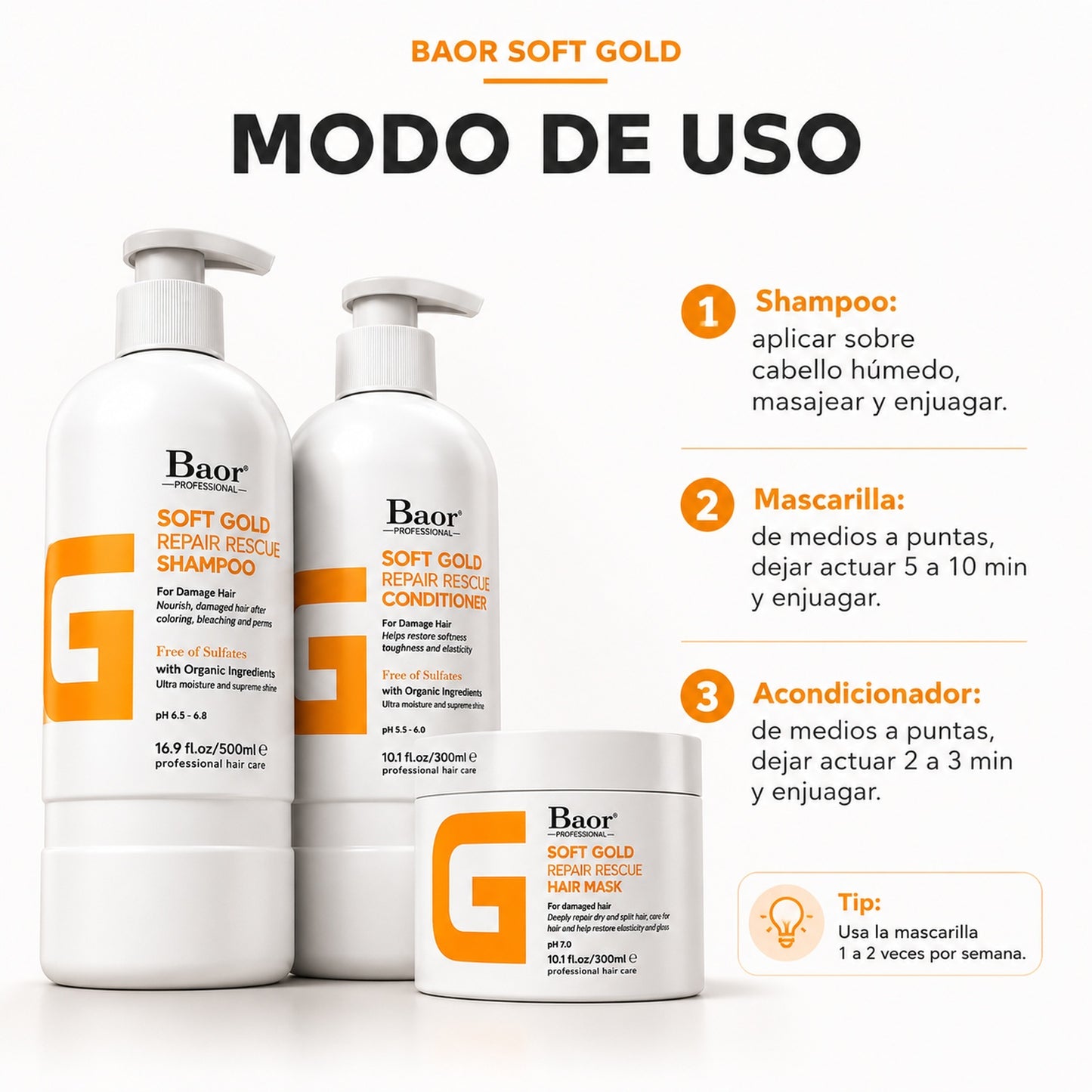 BAOR Pack Soft Gold Shampoo + Acondicionador + Mascarilla