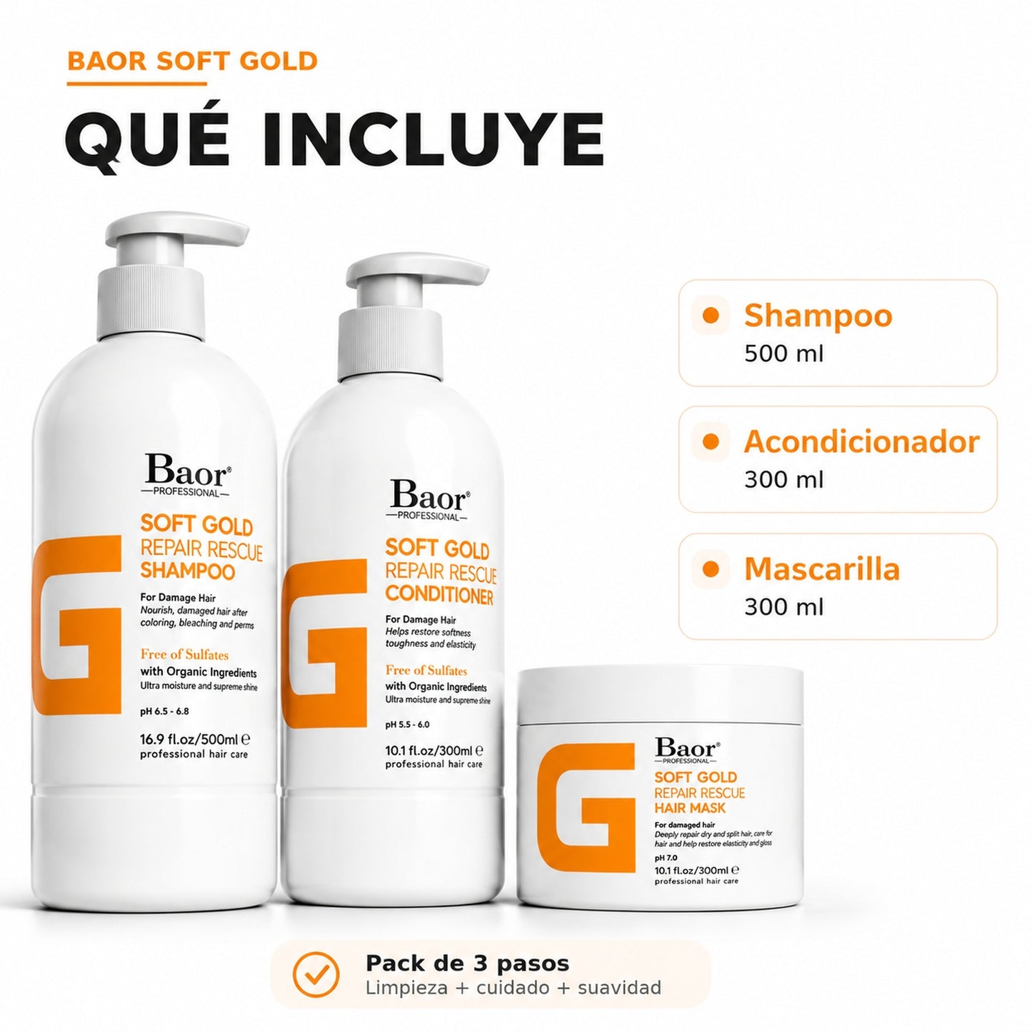BAOR Pack Soft Gold Shampoo + Acondicionador + Mascarilla
