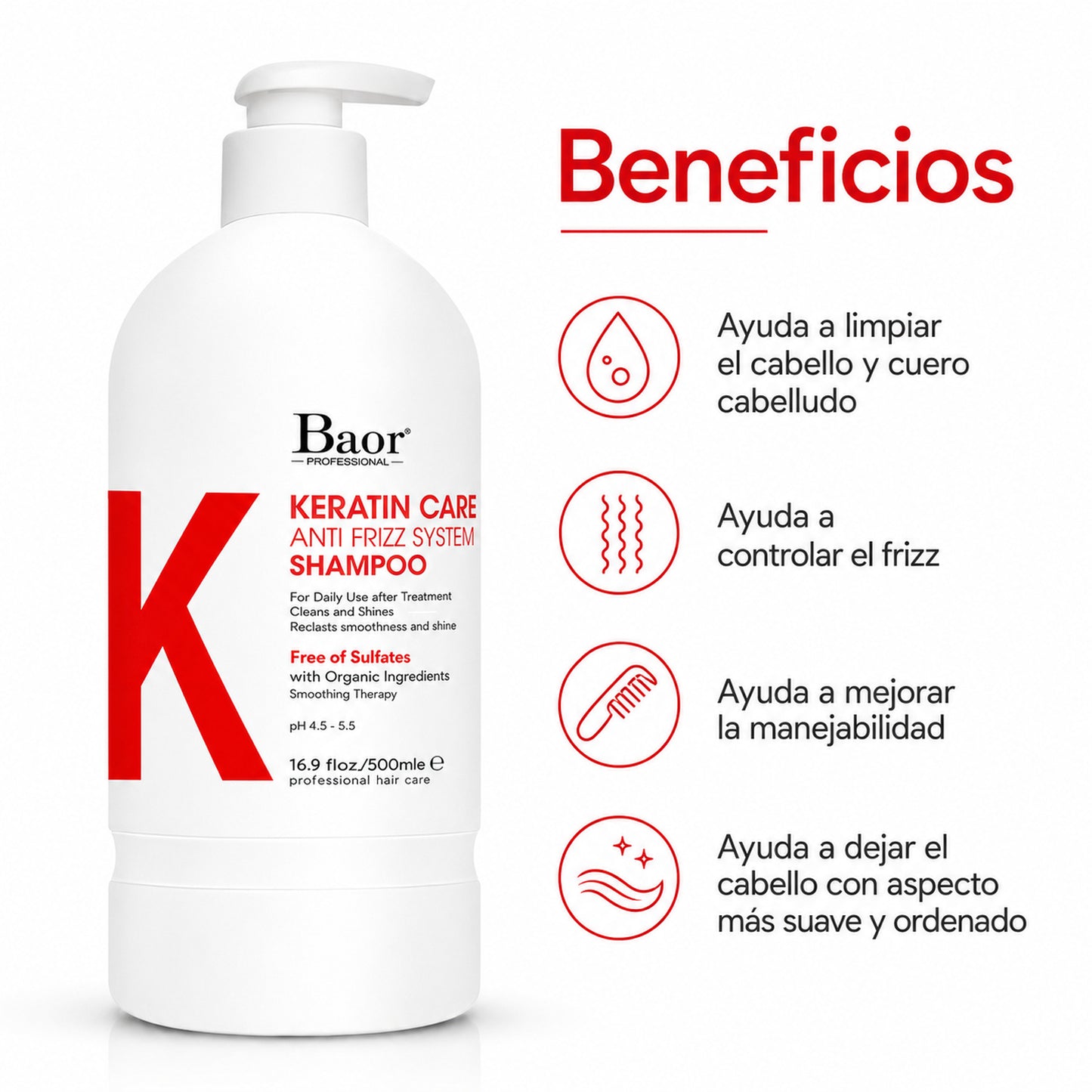 BAOR Shampoo Keratin Care 500 ml para cabello con frizz, rebelde o difícil de manejar